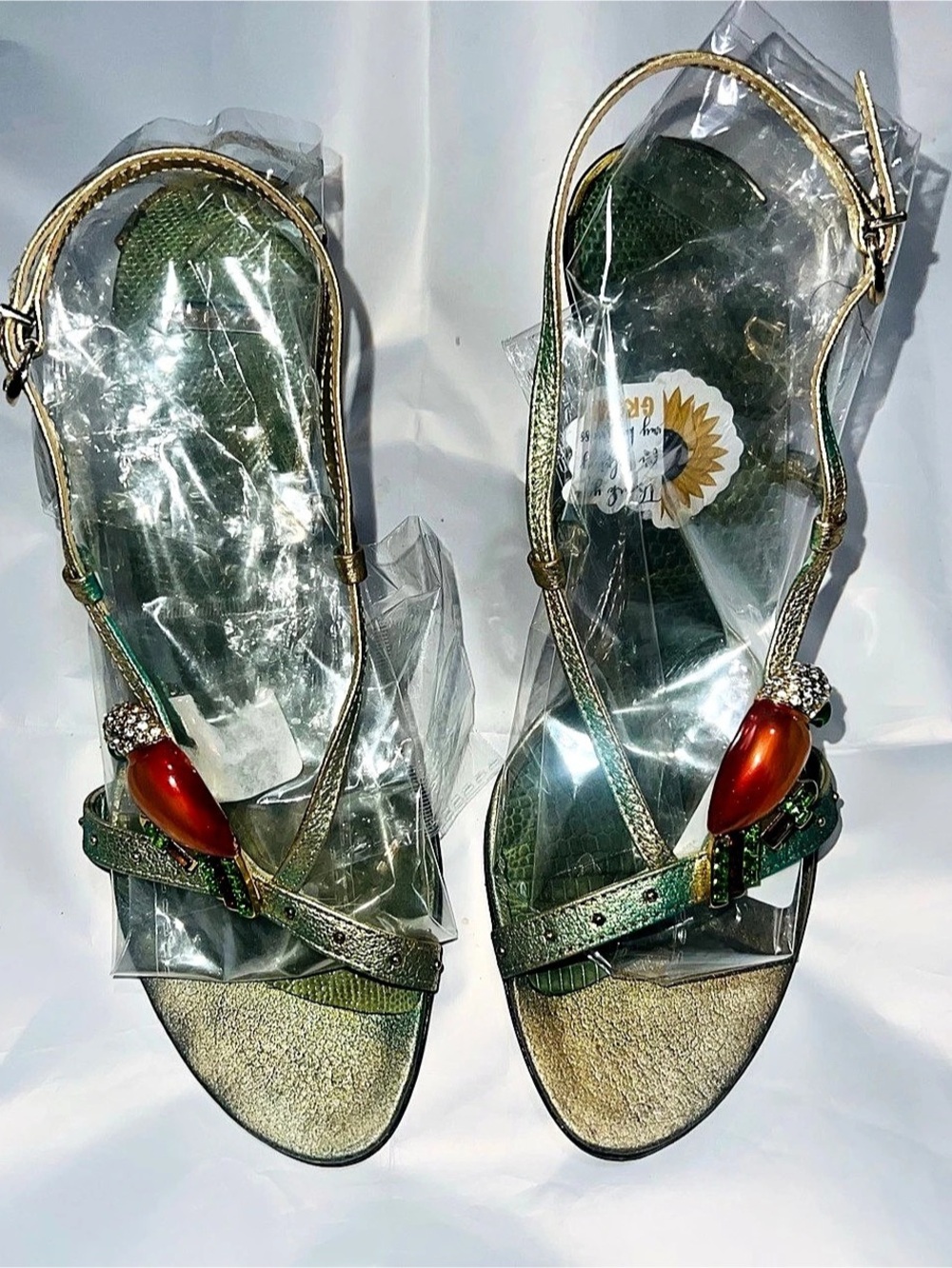 VTG SHY Italy Metallic Gold Green Leather Parrot Jeweled Sandals Heels 36 Y2K